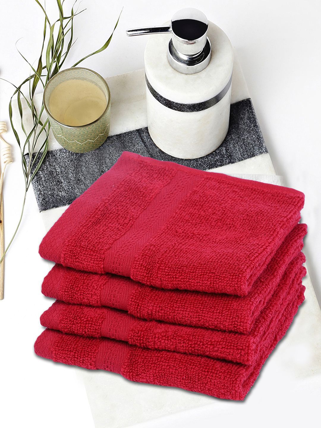 BIANCA Red Set of 4 Solid 500 GSM Cotton Face Towels