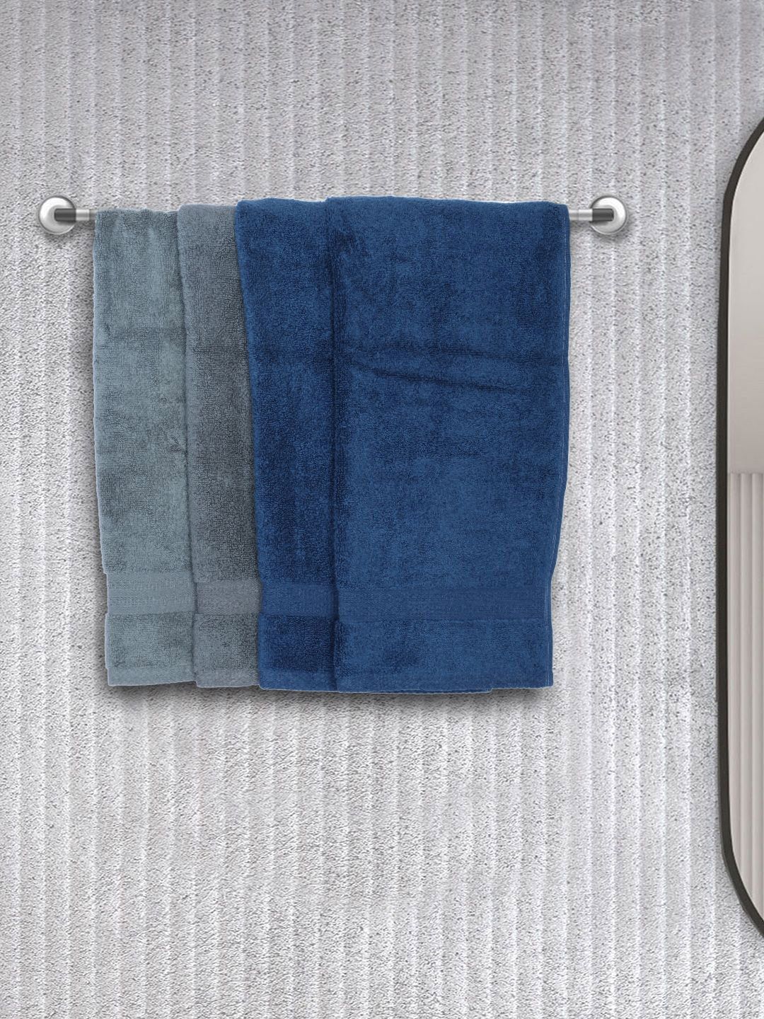 BIANCA Set Of 4 Blue & Grey Solid 380 GSM Pure Combed Cotton Terry Hand Towels Price in India