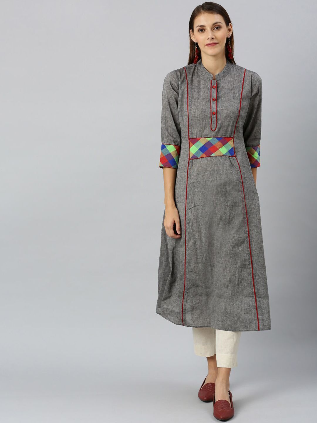 Shakumbhari Women Grey Striped Thread Work NA Anarkali Kurta