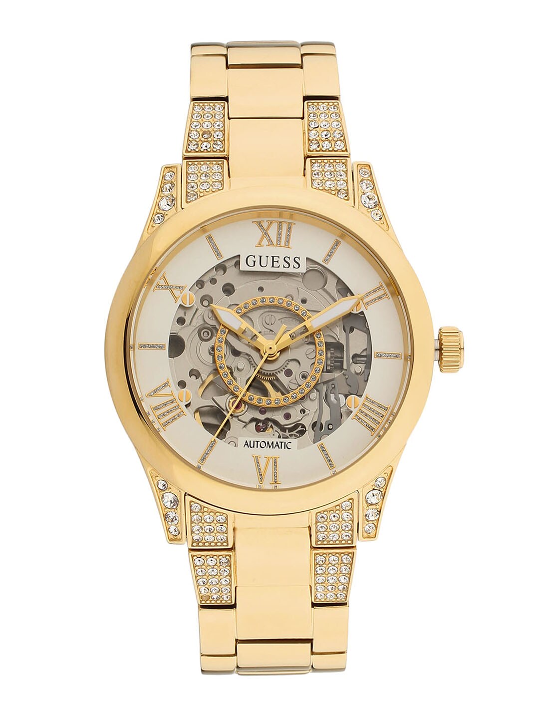 GUESS Women Gold-Toned Skeleton Dial & Gold Toned Stainless Steel Bracelet Style Straps Analogue Automatic Watch Price in India
