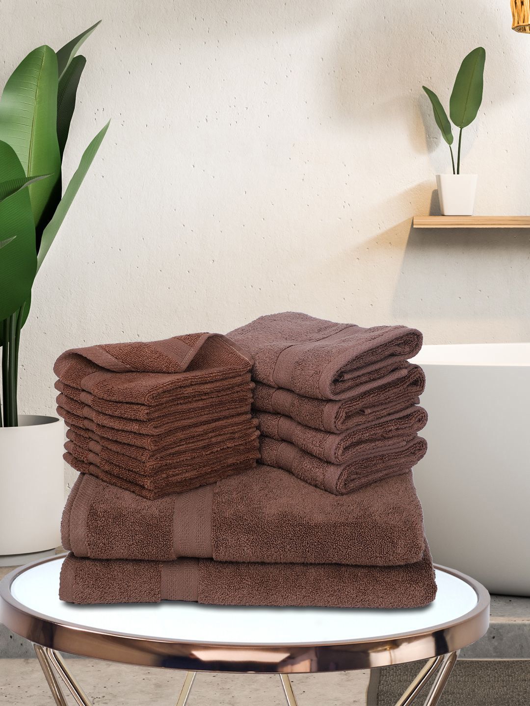 BIANCA Set Of 14 Brown Solid Zero-Twist Pure Cotton 500 GSM Towel Set Price in India