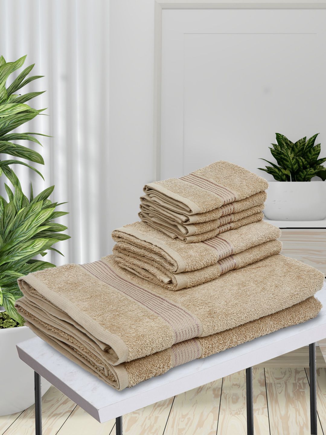 BIANCA Set Of 8 Beige Solid Pure Cotton 380 GSM Towel Set Price in India