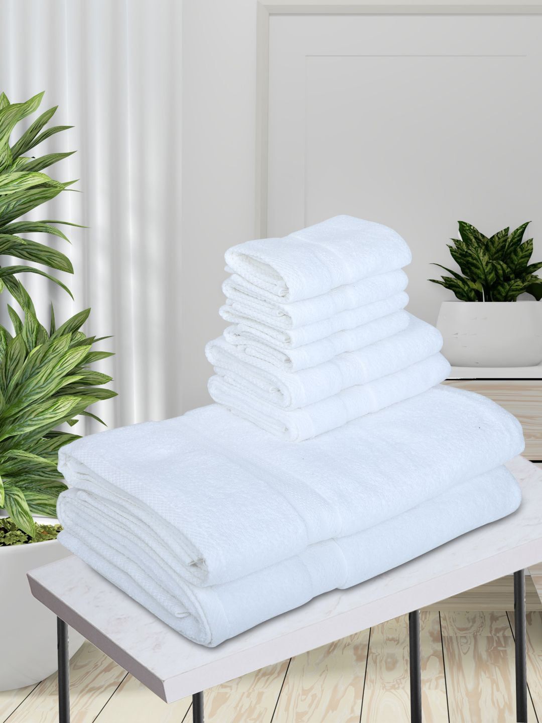 BIANCA Set Of 8 White Solid 500 GSM Pure Cotton Towel Set Price in India