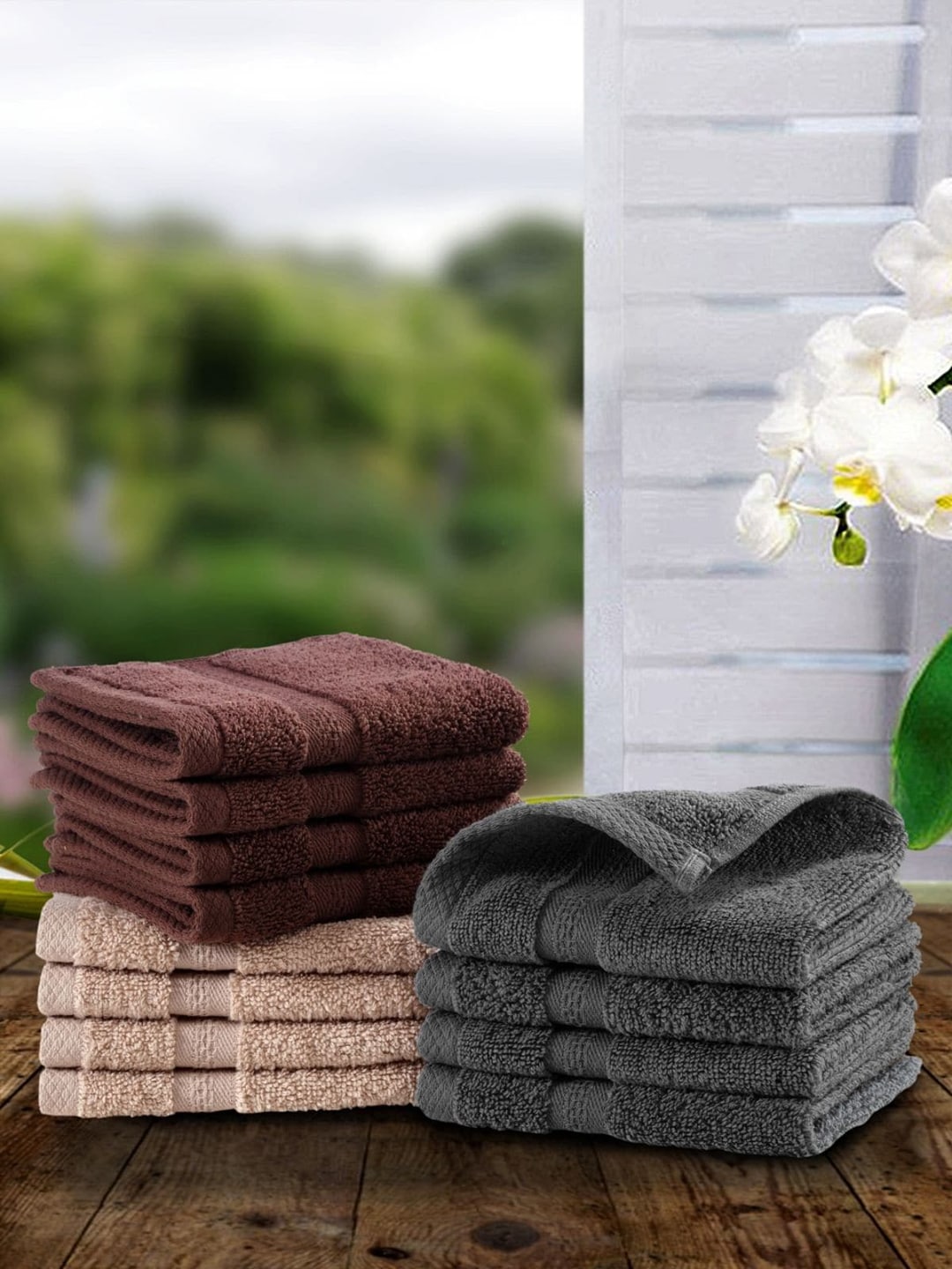 BIANCA Grey & Brown Set of 12 Solid 500 GSM Cotton Face Towels Price in India