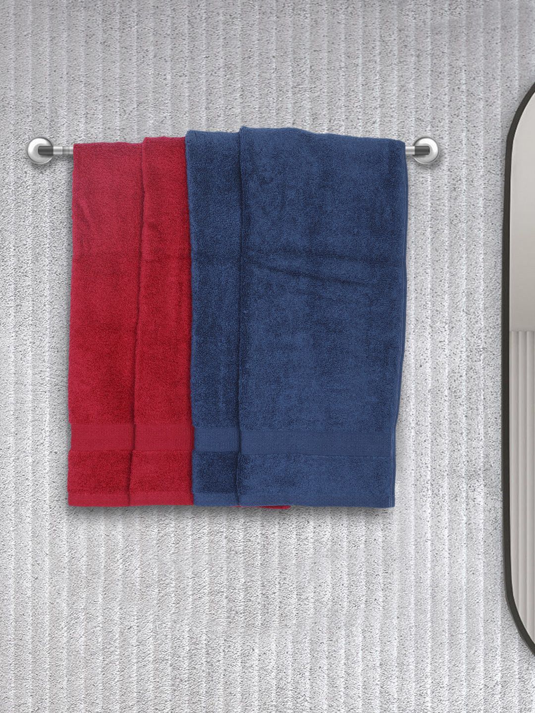 BIANCA Set Of 4 Blue & Red Solid 380 GSM Pure Combed Cotton Terry Hand Towels Price in India