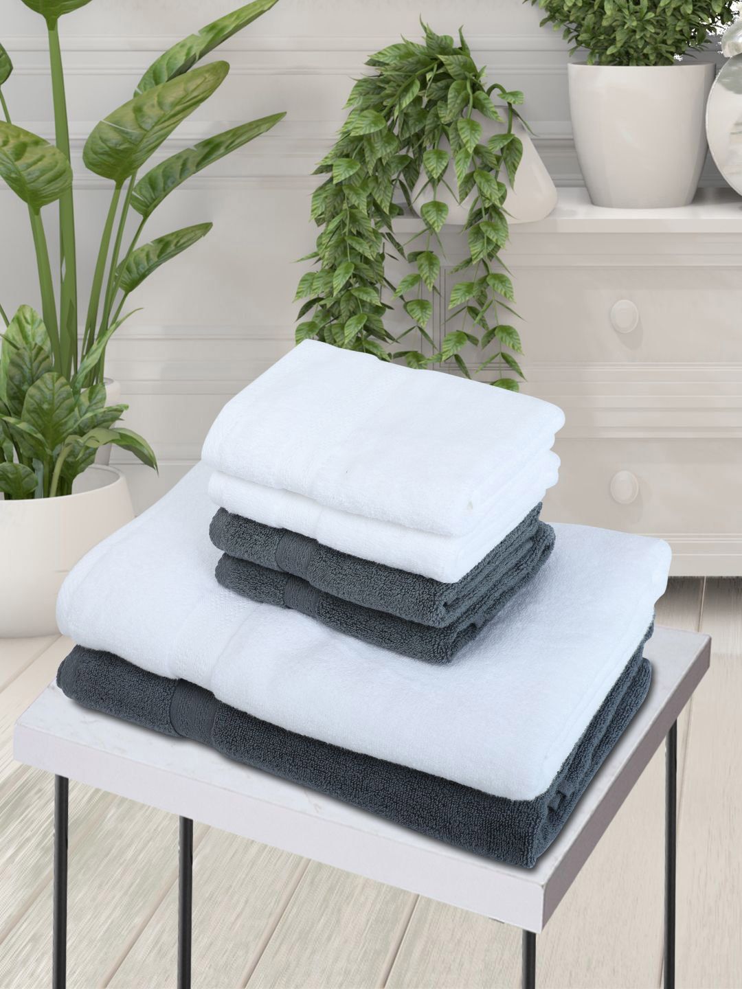 BIANCA Set Of 6 White & Grey Solid 500 GSM Cotton Towels Set Price in India