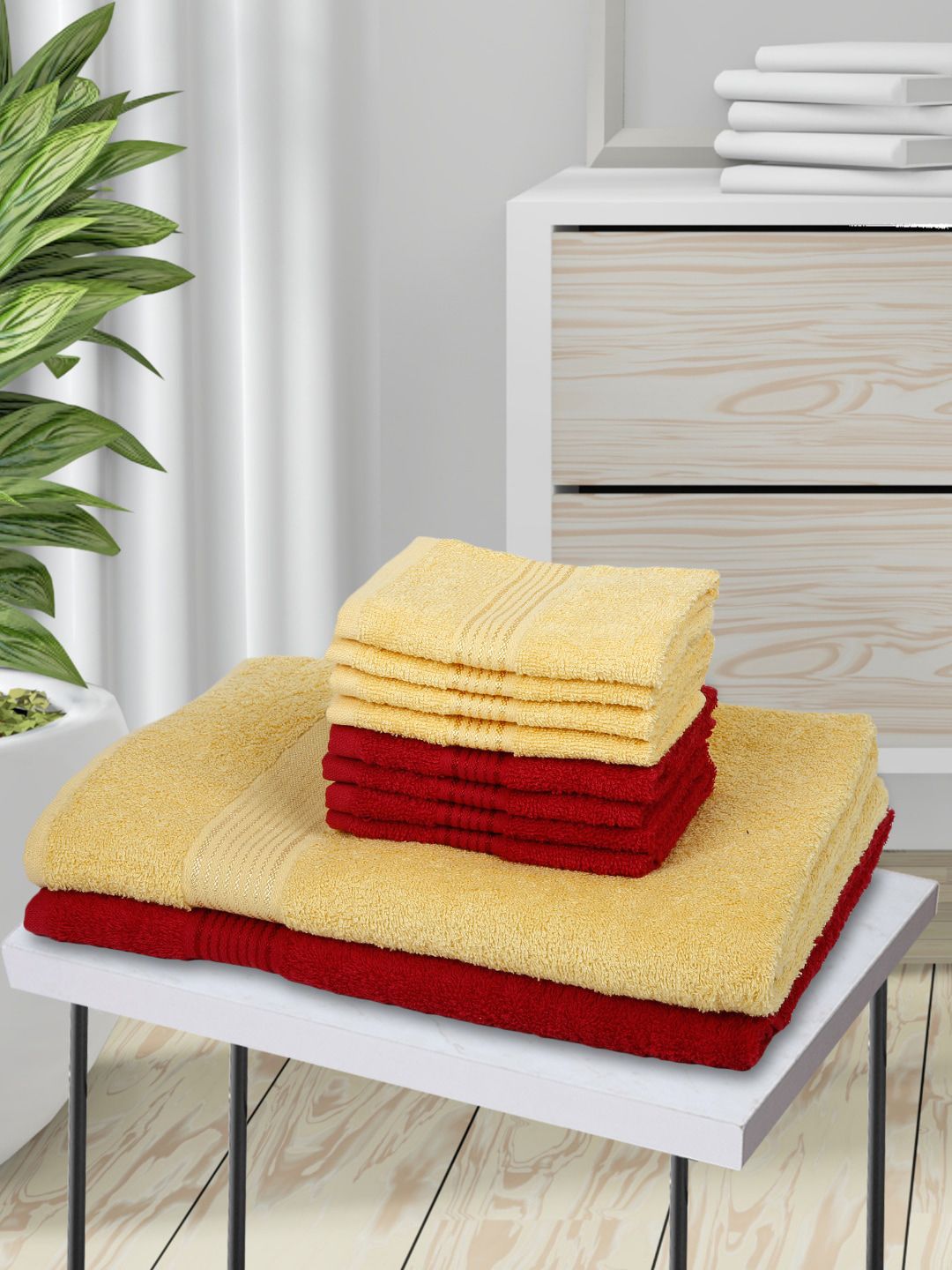 BIANCA Set Of 10 Red & Yellow Solid Cotton Towels Price in India
