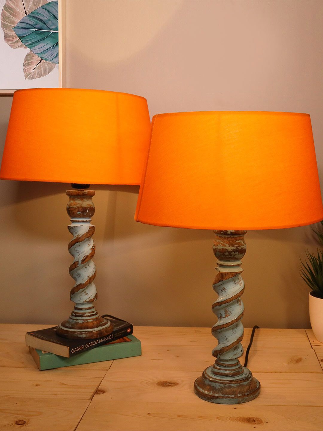Homesake Orange & Brown Set Of 2 Contemporary Handcrafted Bedside Standard Table Lamp Price in India