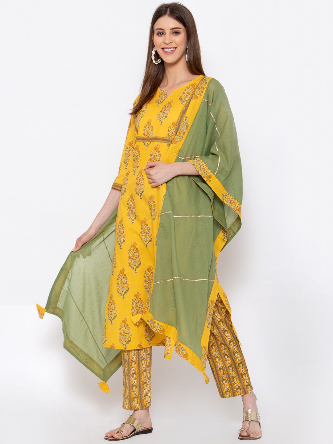 Yuris Women Yellow Ethnic Motifs-Gotta Patti Pure Cotton Kurti with Trousers & Dupatta Set Price in India