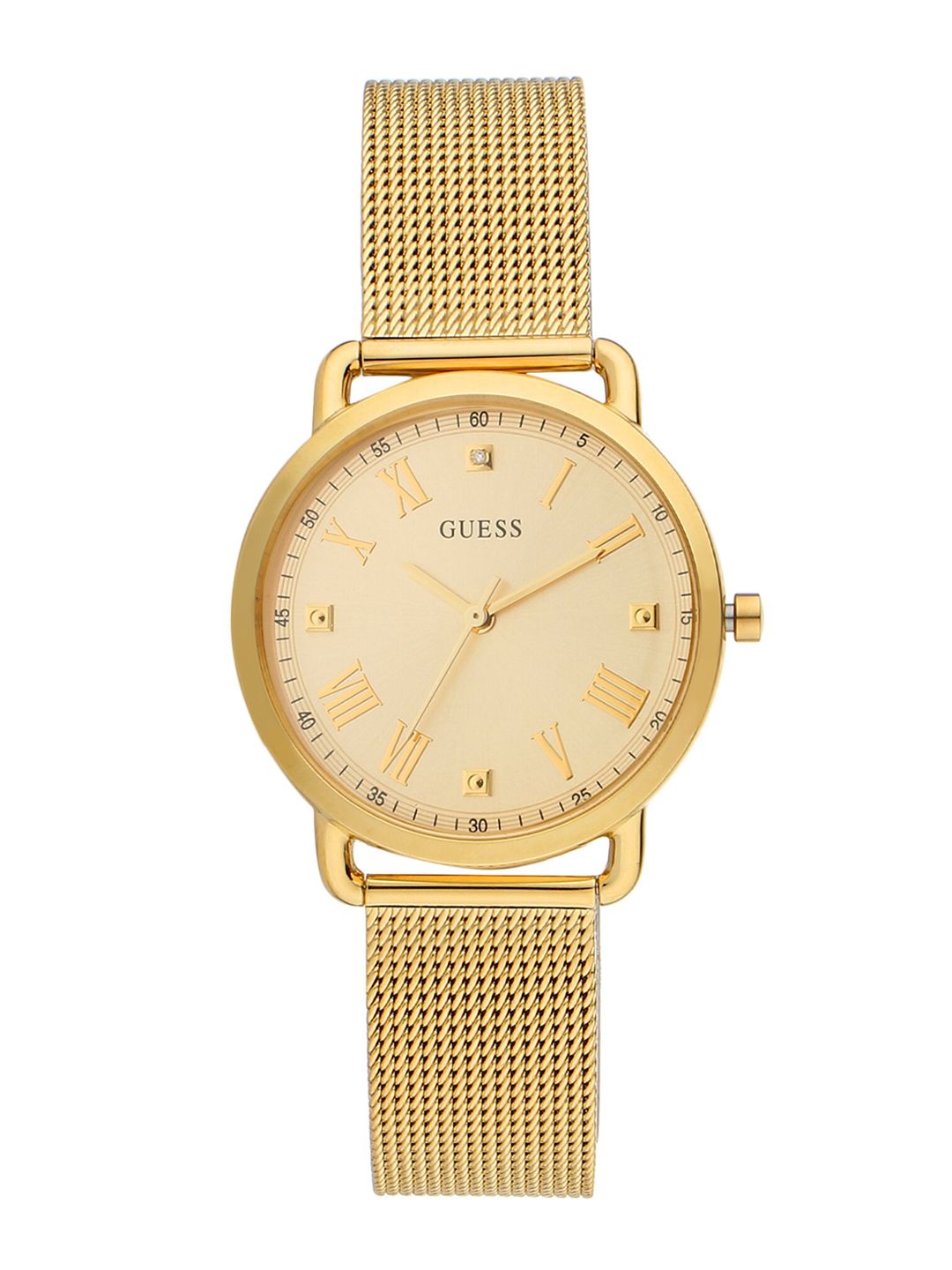 GUESS Women Gold-Toned Embellished Dial & Gold Toned Stainless Steel Bracelet Style Straps Analogue Watch Price in India