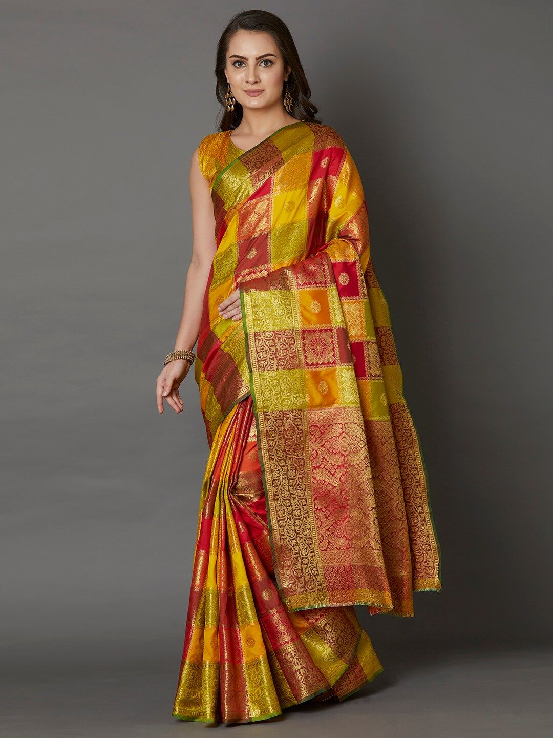 Mitera Yellow & Red Zari Silk Blend Saree