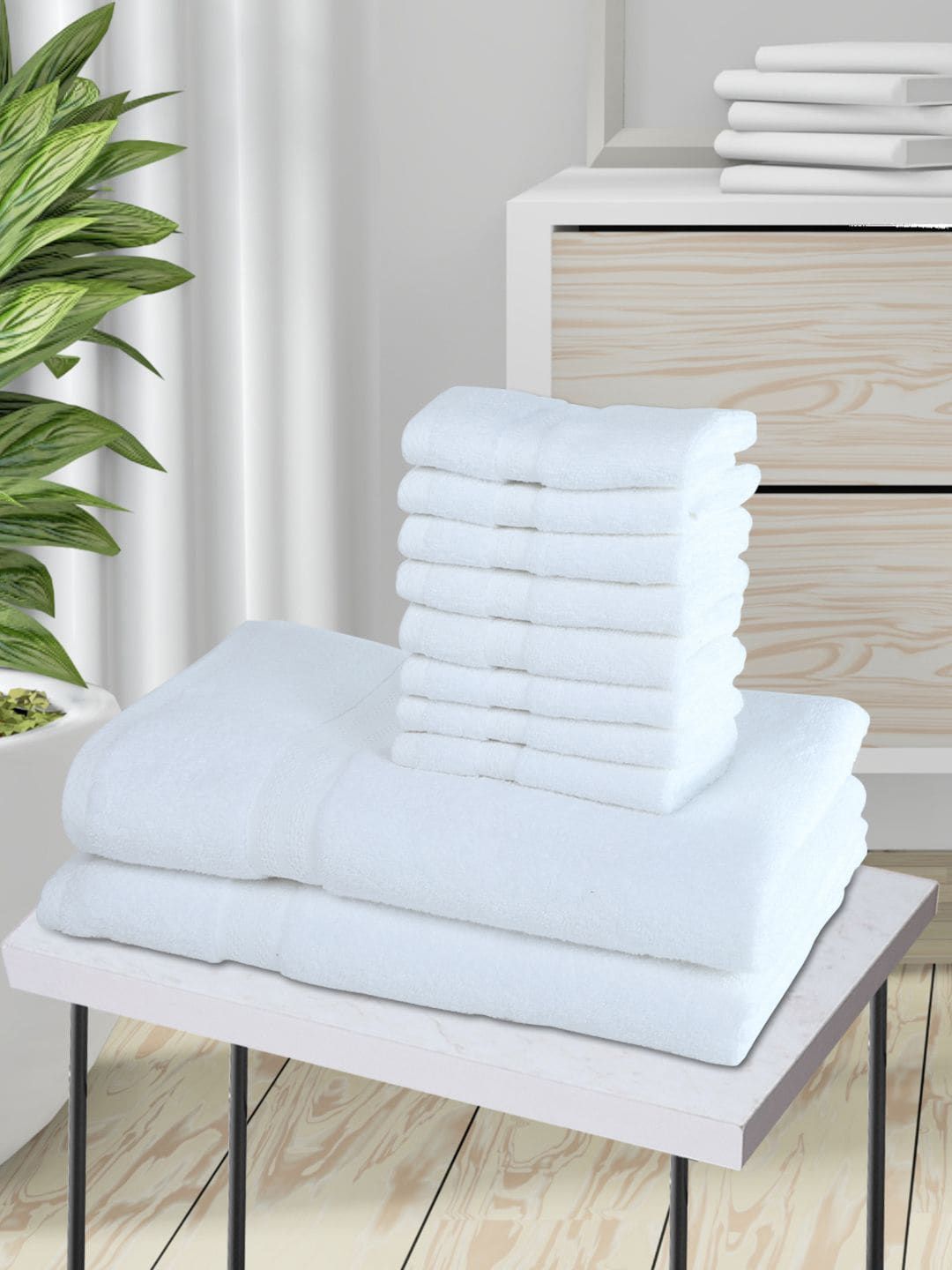 BIANCA Set Of 10 White Solid Zero-Twist Pure Cotton 500 GSM Towel Set Price in India