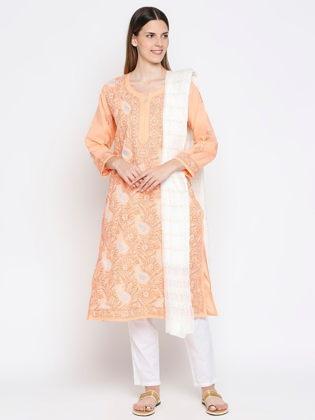 Get Wrapped Off White Embroidered Viscose Rayon Dupatta