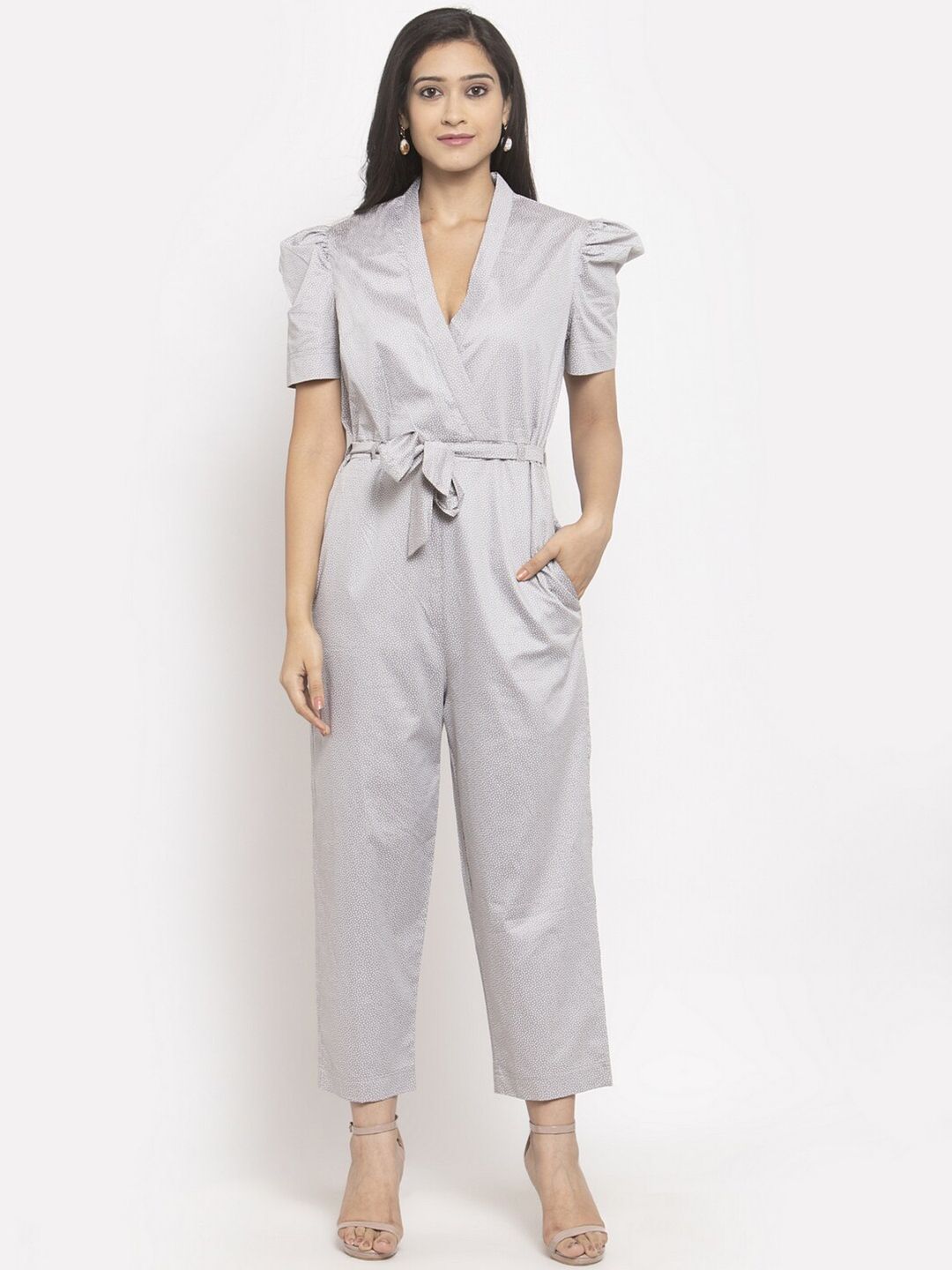 Just Wow Women Grey & White Printed Basic Jumpsuit Price in India