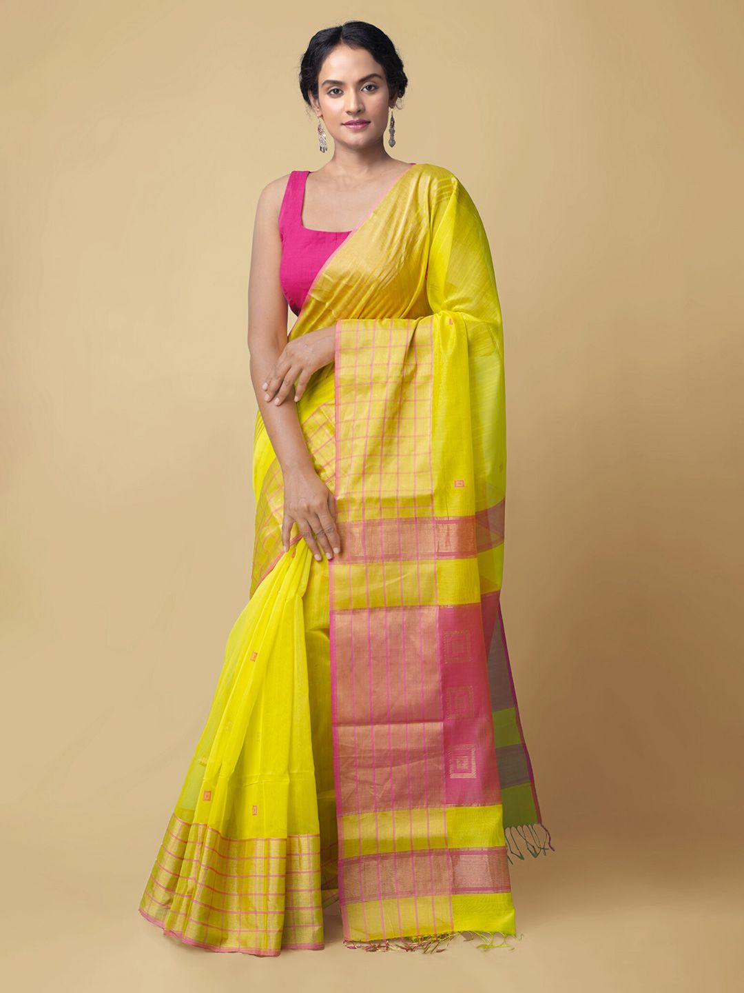 Unnati Silks Green Silk Cotton Handloom Maheshwari Saree