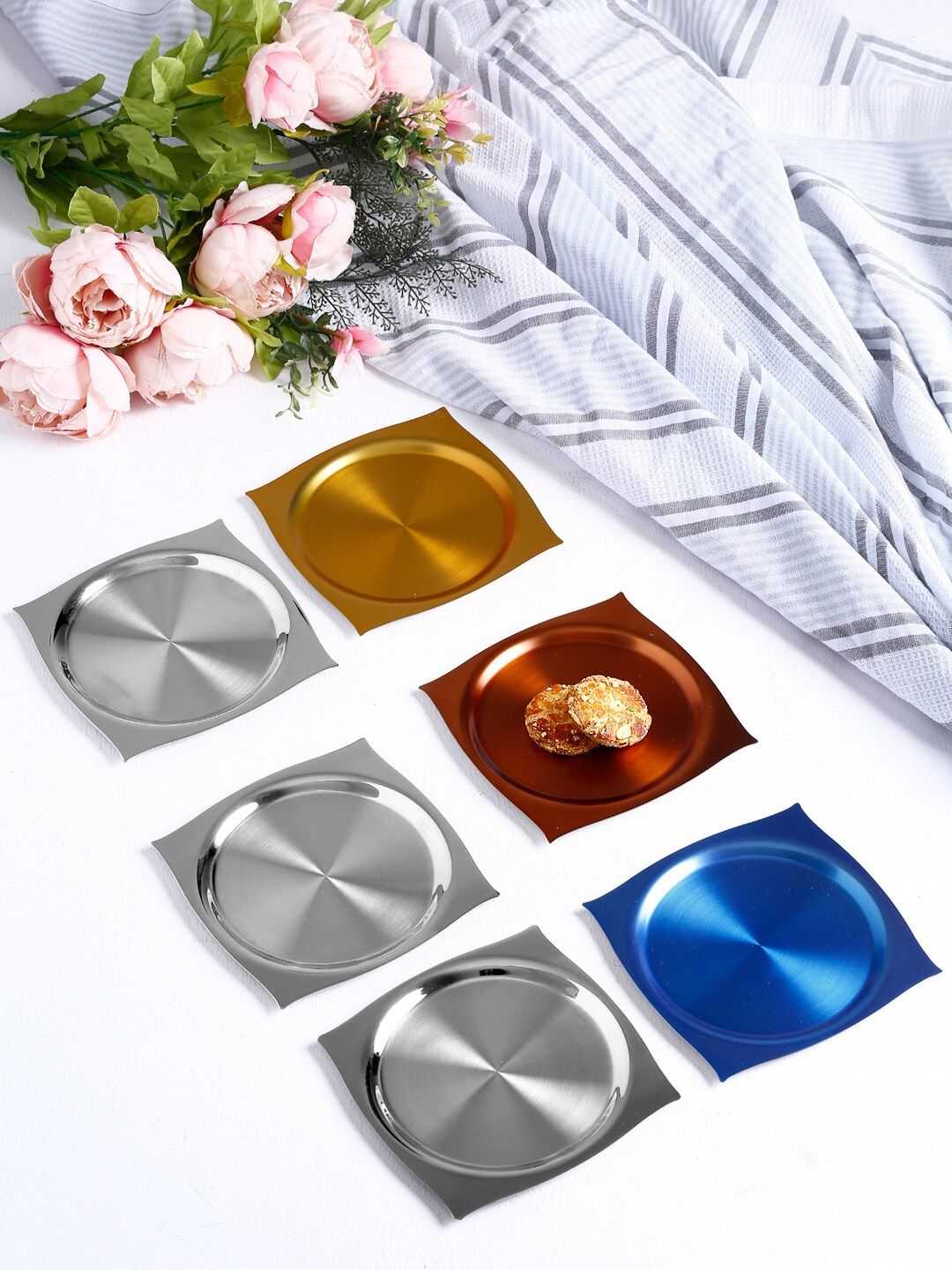 ARTTDINOX Steel-Toned & Blue 6 Pieces Aladin Textured Stainless Steel Plates Price in India