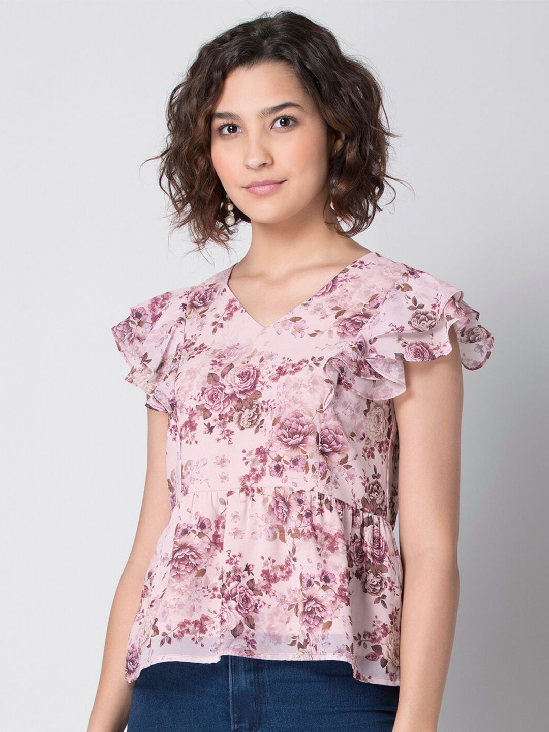 FabAlley Women Pink and Mauve Floral Flutter Sleeve Peplum Top