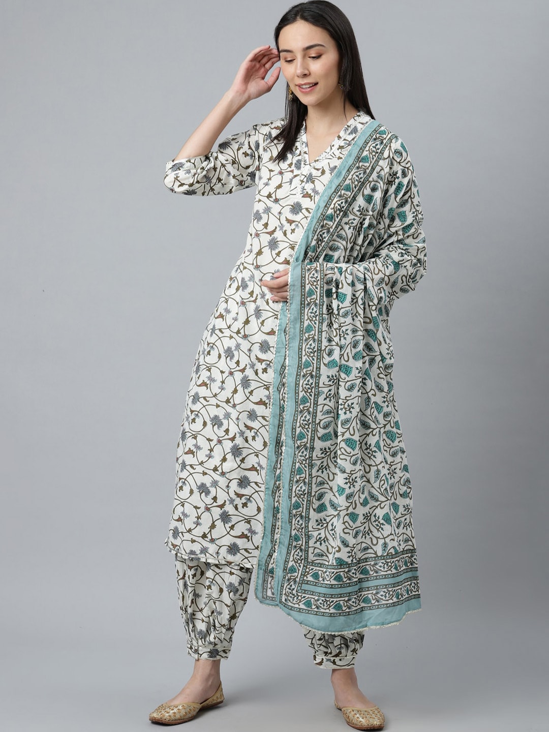 Libas Women White Floral Printed Pure Cotton Kurta with Salwar & With Dupatta Price in India