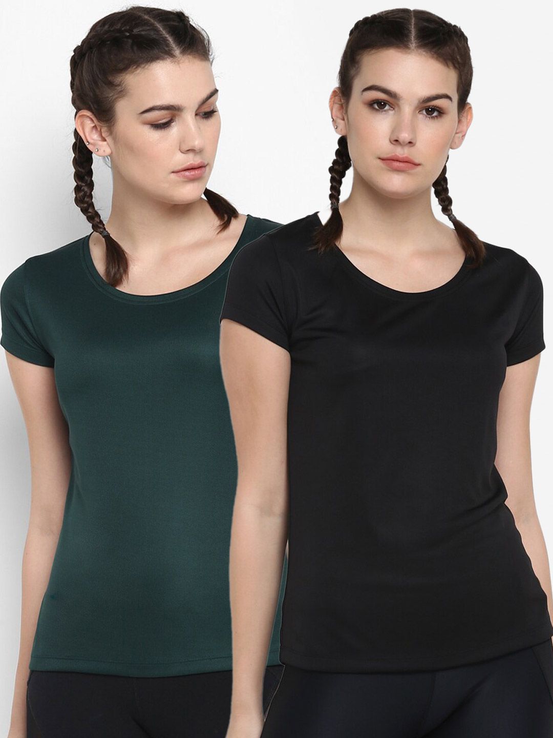 ScoldMe Women Pack Of 2 Green & Black Slim Fit Sports T-shirt Price in India