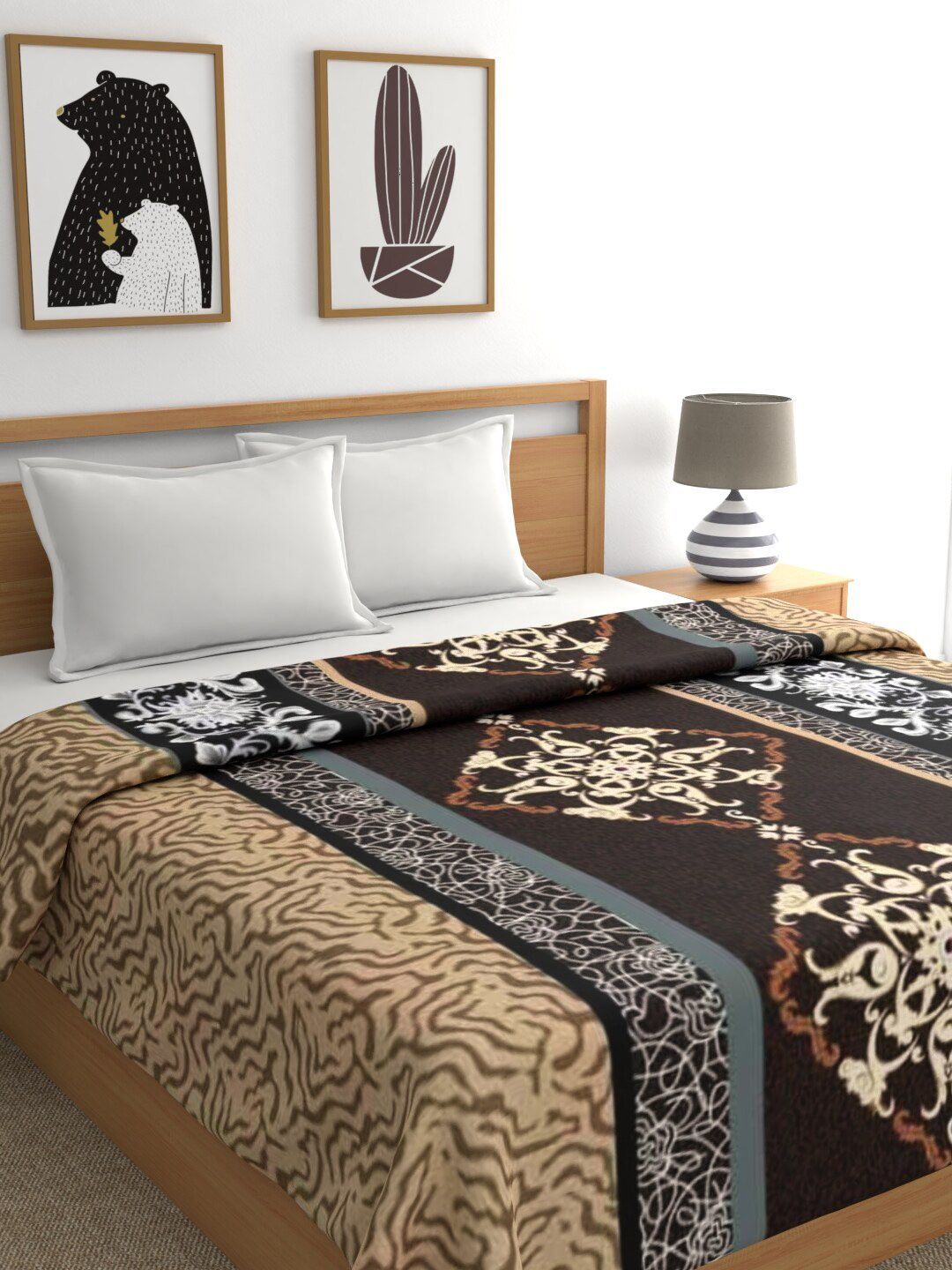 Raymond Home Brown & White Ethnic Motifs AC Room 300 GSM Double Bed Blanket Price in India