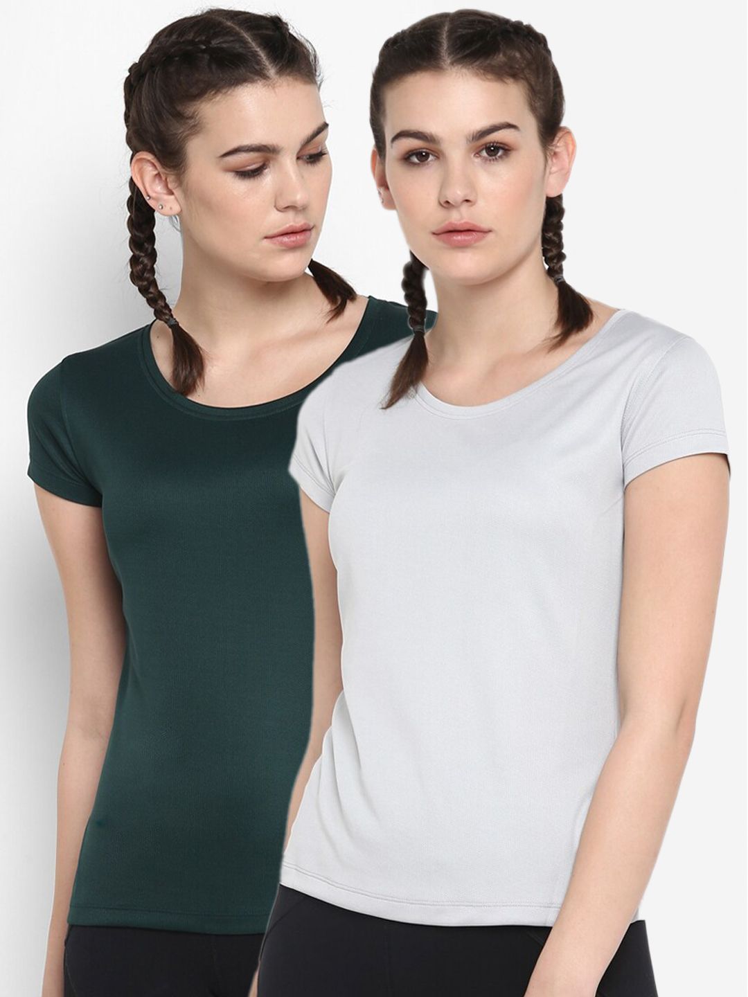 ScoldMe Pack Of 2 Women Green & Grey Slim Fit T-shirt Price in India