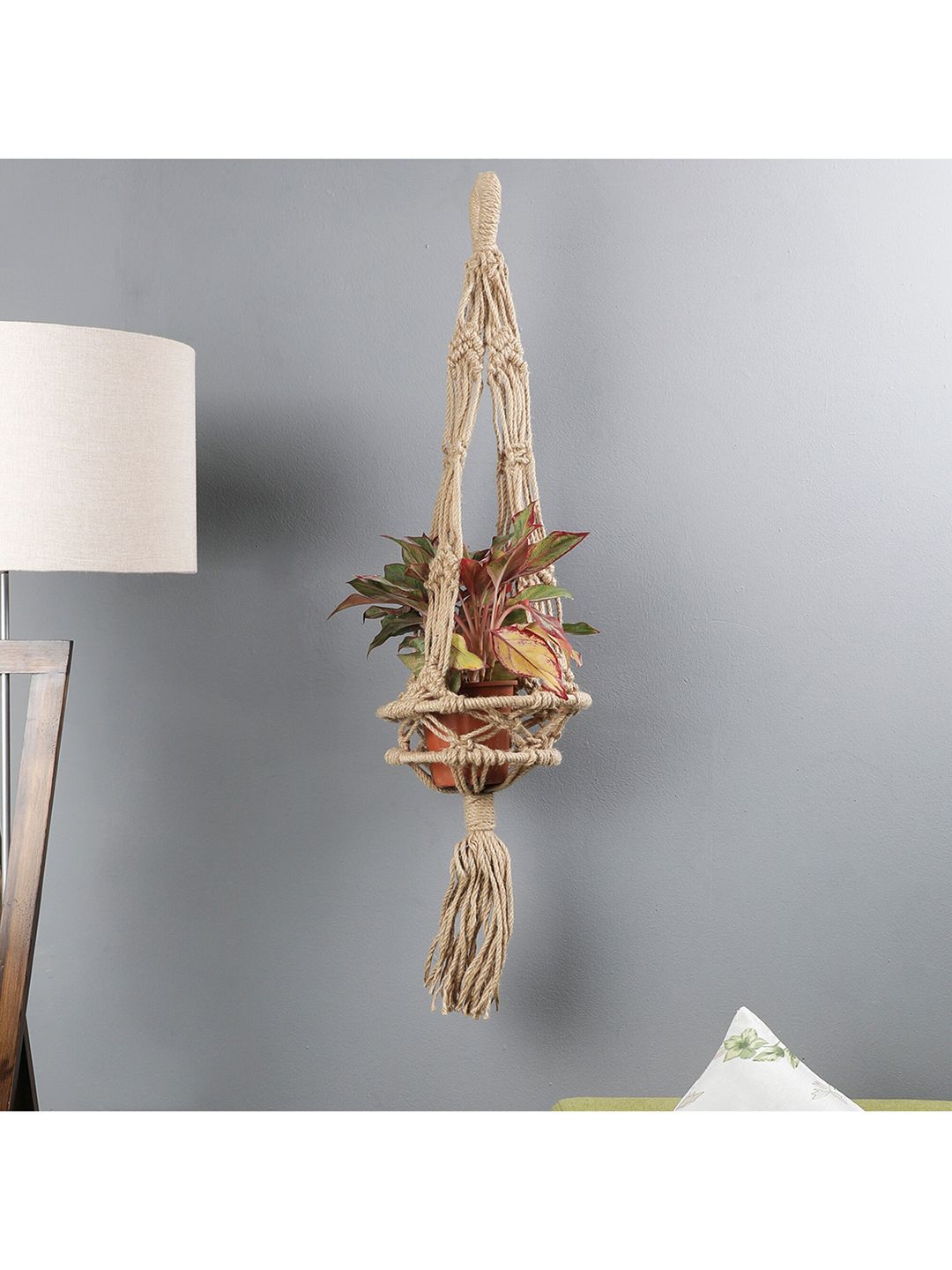 The Decor Mart Off White & Brown Knotted Handcrafted Bohemian Macrame Jute Planter Price in India