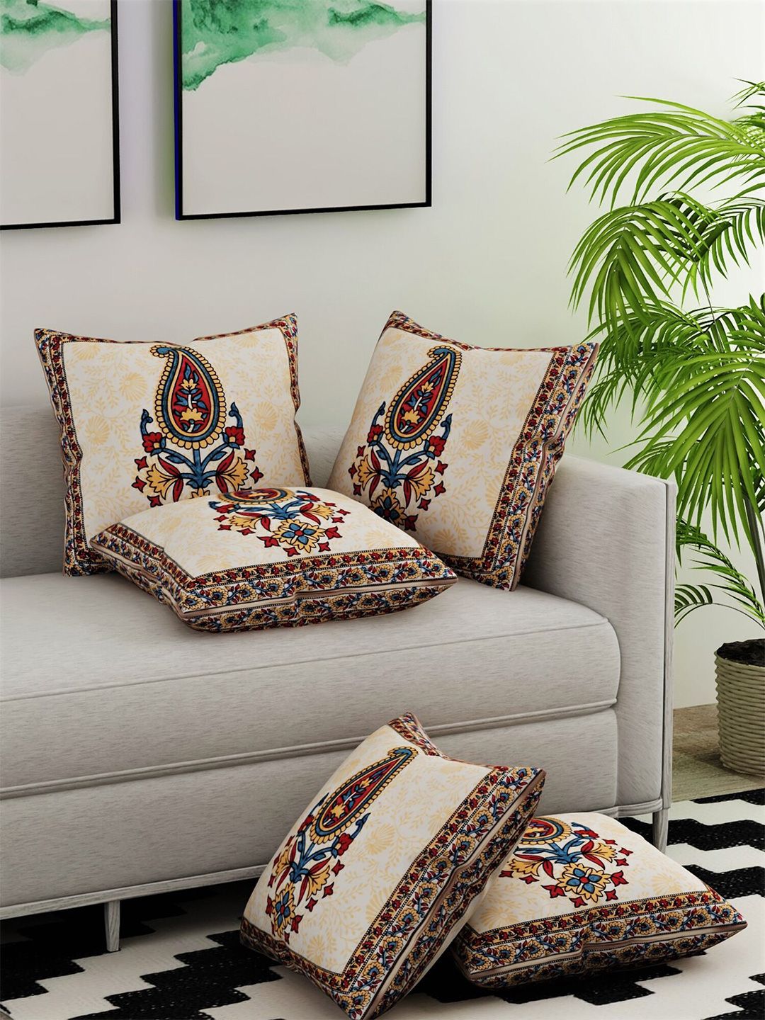 Salona Bichona White & Yellow Set of 5 Ethnic Motifs Square Cushion Covers Price in India