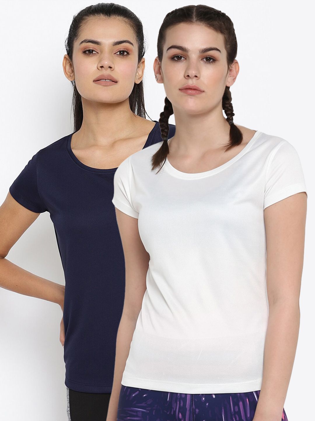 ScoldMe Women Pack Of 2 Navy Blue & White Slim Fit Round Neck Sports T-shirt Price in India