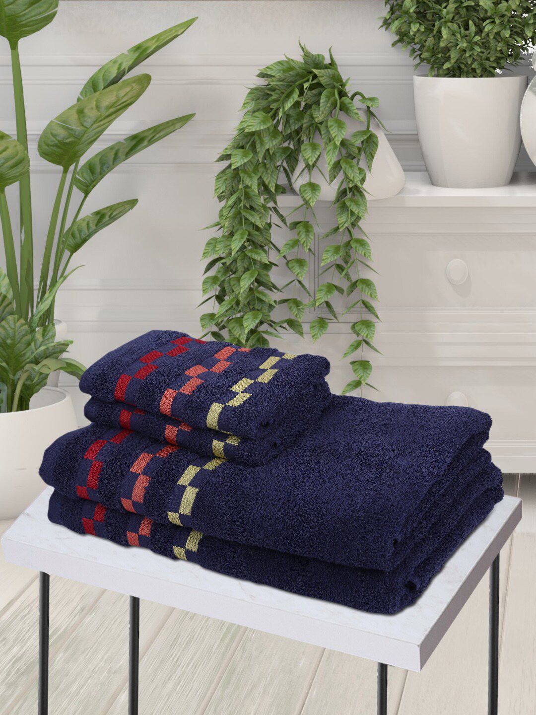 BIANCA Set Of 4 Navy Blue & Red Striped Pure Cotton 450 GSM Towel Set Price in India