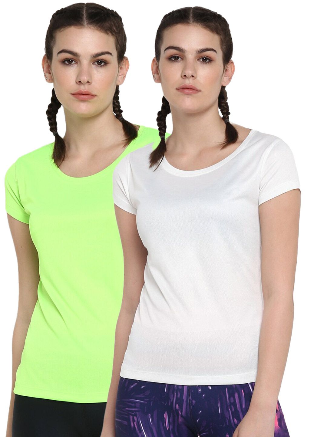 ScoldMe Women Pack of 2 Fluorescent Green & White Slim Fit T-shirt Price in India