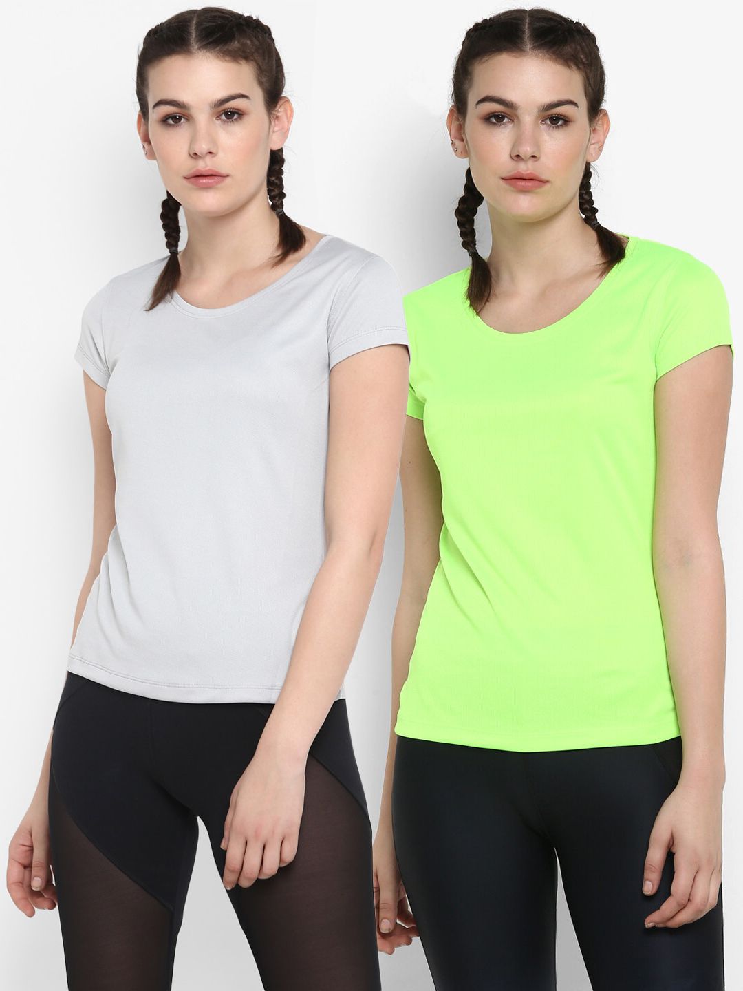 ScoldMe Women Pack of 2 Grey & Fluorescent Green Slim Fit T-shirt Price in India