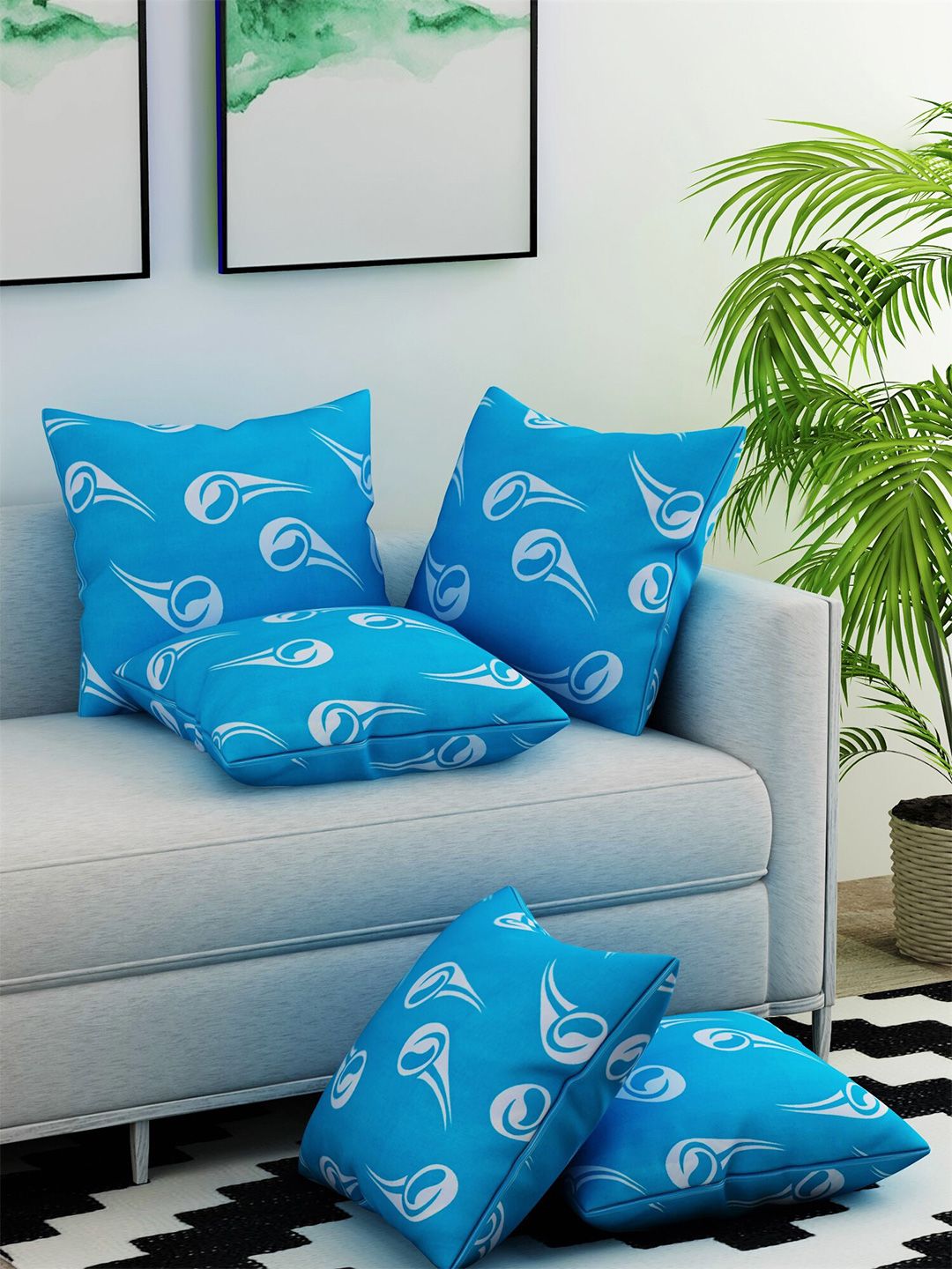Salona Bichona Turquoise Blue & White Set of 5 Abstract Square Cushion Covers Price in India