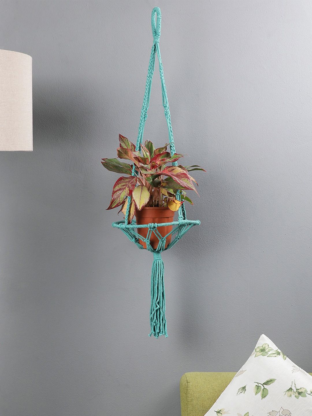 The Decor Mart Green Solid Handcrafted Knotted Macrame Cotton Planter Price in India