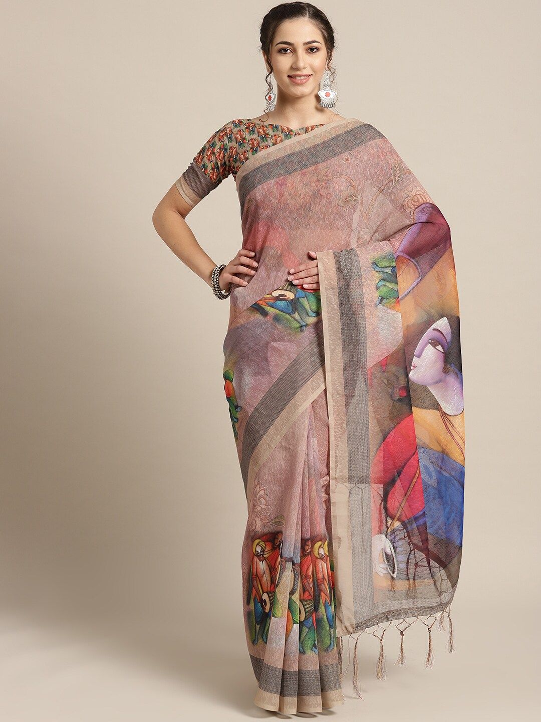 Saree mall Beige & Blue Ethnic Motifs Art Silk Sarees Price in India