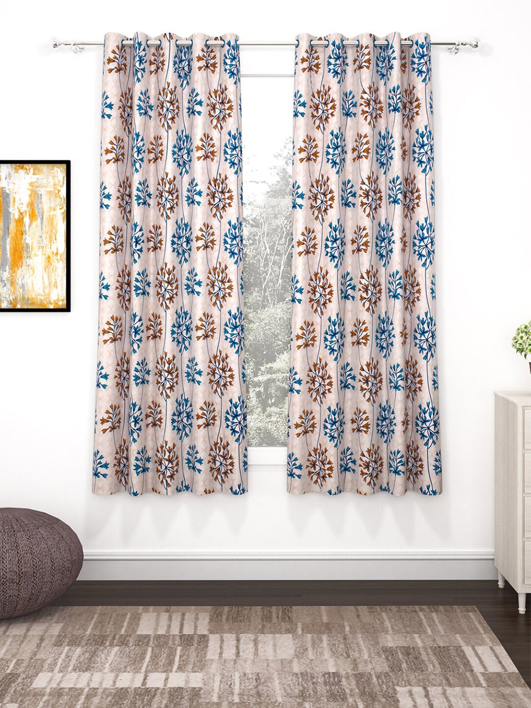 Bedspun Cream & Blue Set of 2 Printed Polyester Eyelet Ringtop Window Curtains Price in India