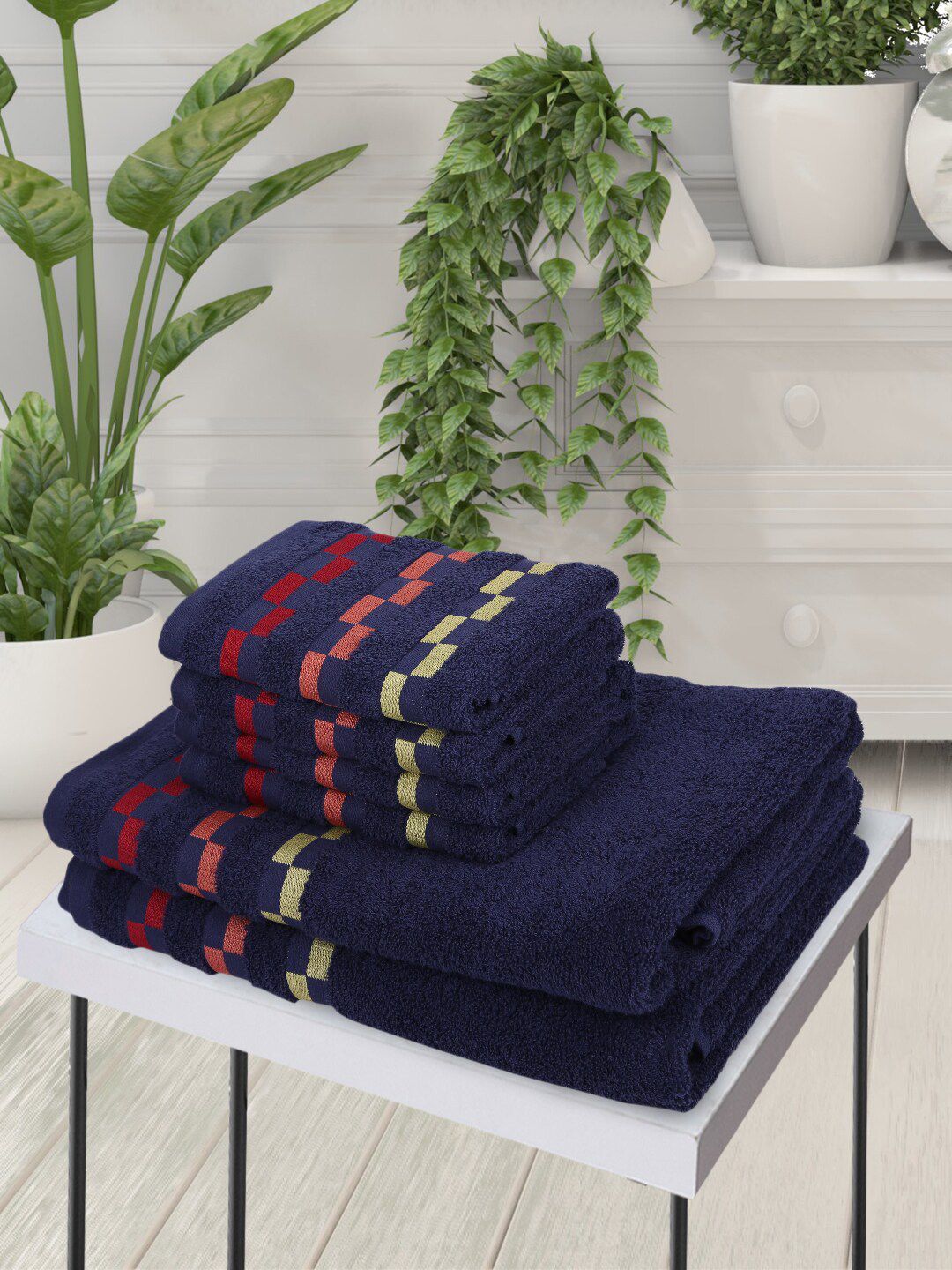 BIANCA Set Of 6 Navy Blue & Red Striped Pure Cotton 450 GSM Towel Set Price in India