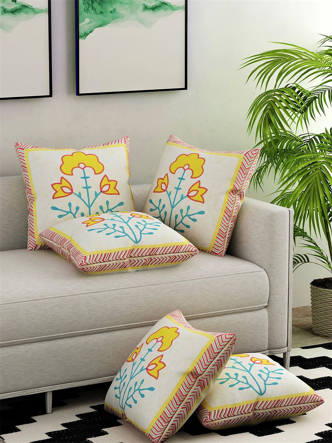 Salona Bichona White & Yellow Set of 5 Ethnic Motifs Square Cushion Covers Price in India