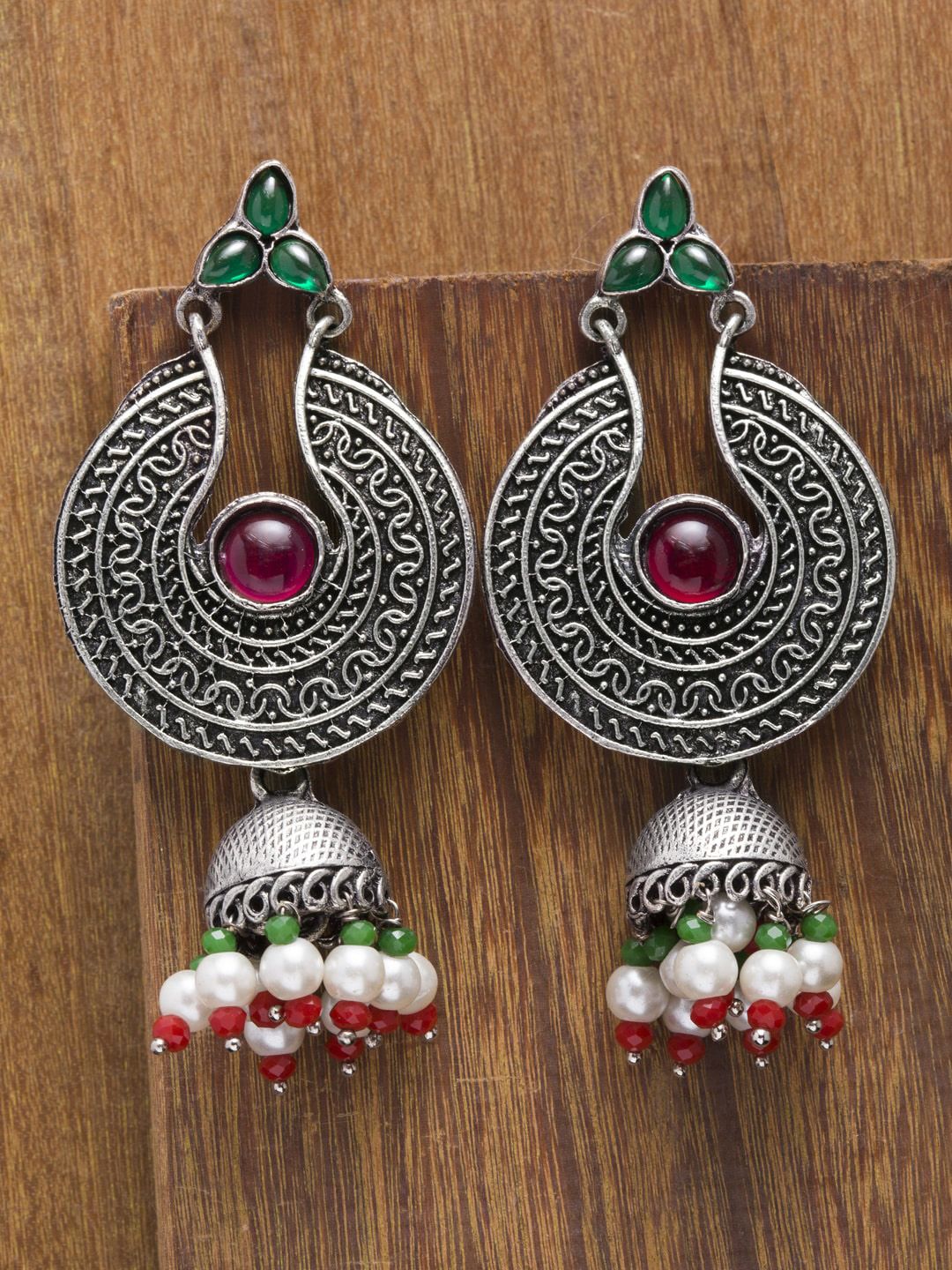 PANASH Silver-Toned Stoned Studded Contemporary Drop Earrings Price in India