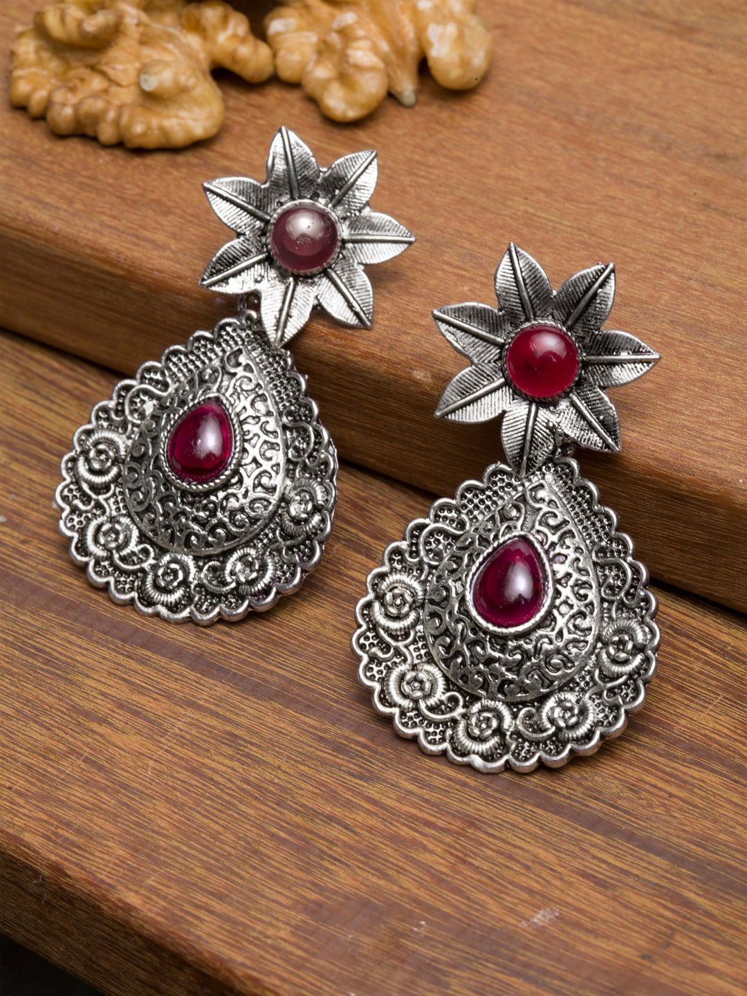 PANASH Silver-Plated & Maroon Teardrop Shaped Drop Earrings Price in India