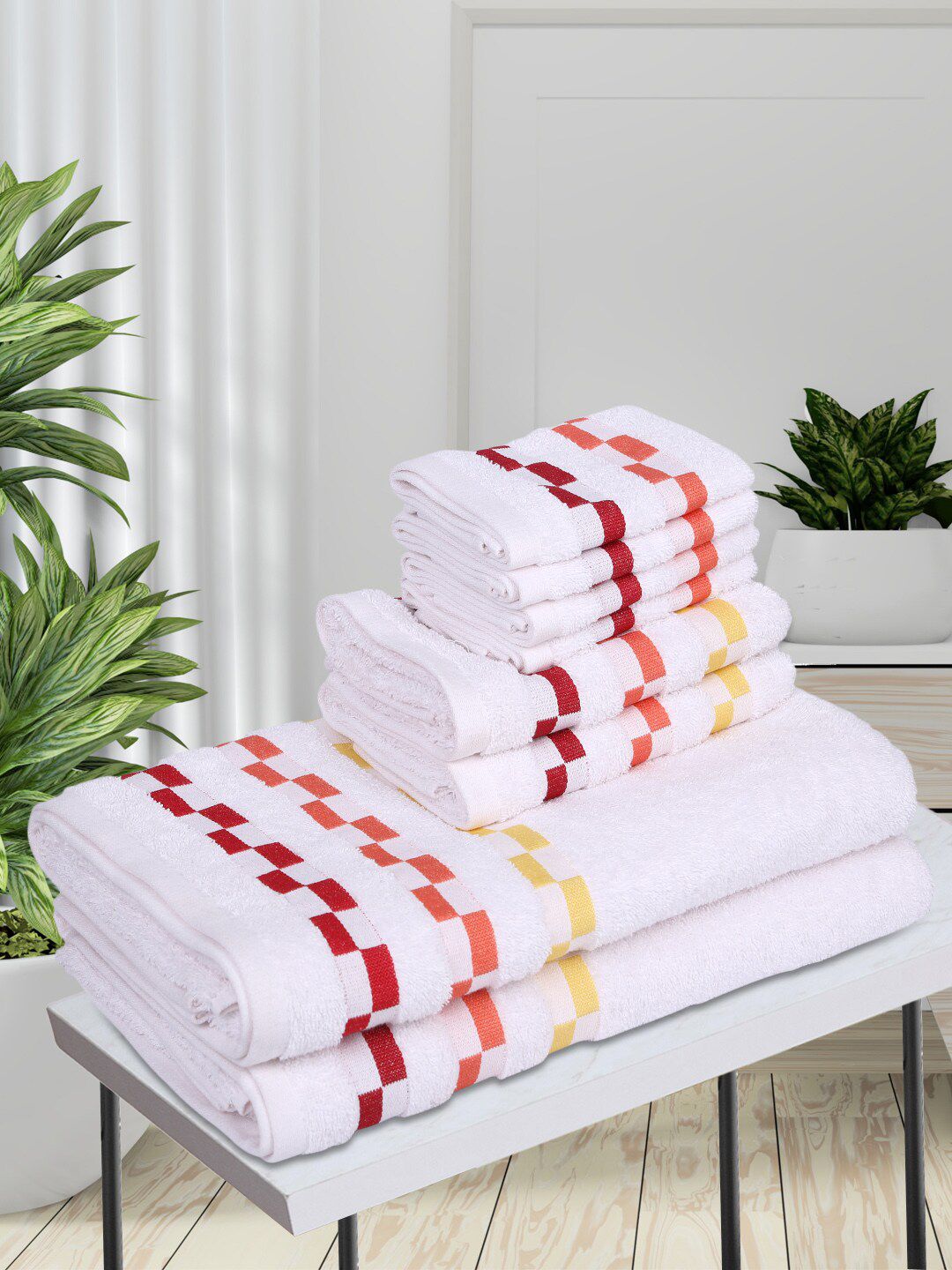 BIANCA Set Of 8 White Solid 450 GSM Cotton Towels Set Price in India