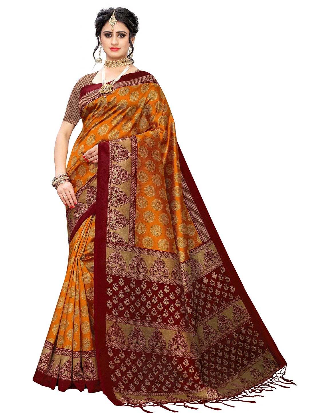 KALINI Orange & Gold-Toned Ethnic Motifs Art Silk Saree