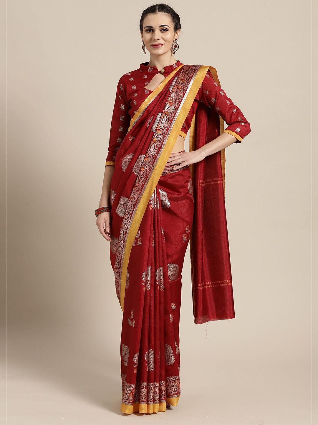 Saree mall Maroon & Yellow Ethnic Motifs Art Silk Sarees Price in India