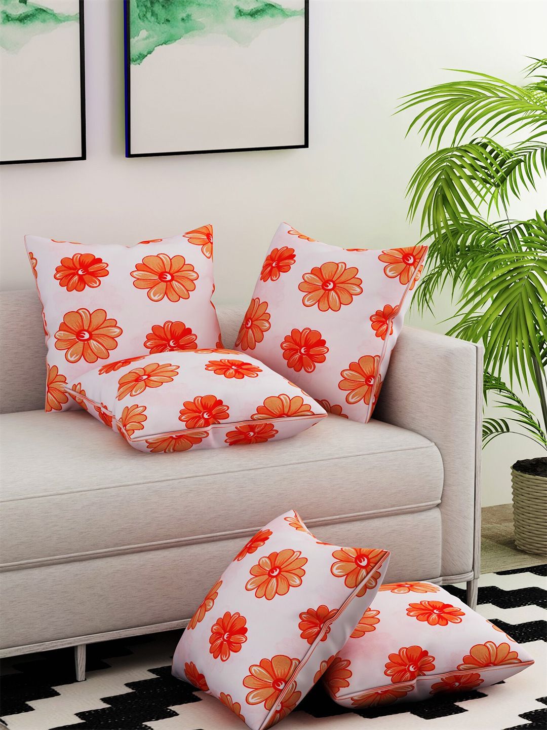 Salona Bichona White & Orange Set of 5 Floral Square Cushion Covers Price in India