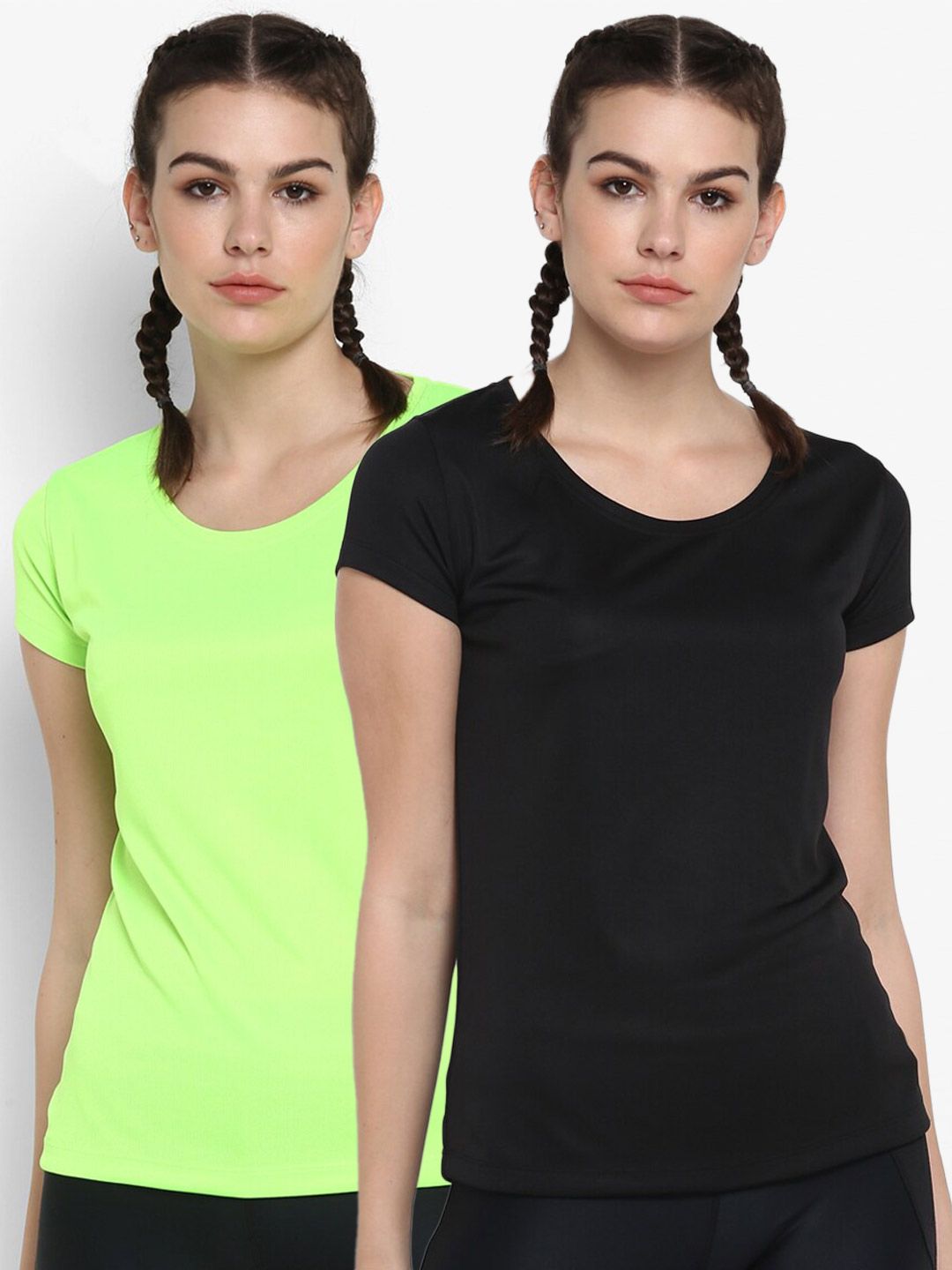 ScoldMe Women Pack of 2 Black & Fluorescent Green  Slim Fit T-shirt Price in India