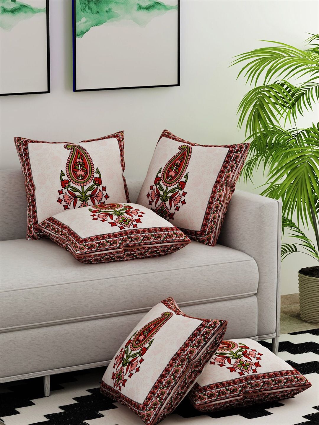 Salona Bichona White & Red Set of 5 Ethnic Motifs Square Cotton Cushion Covers Price in India