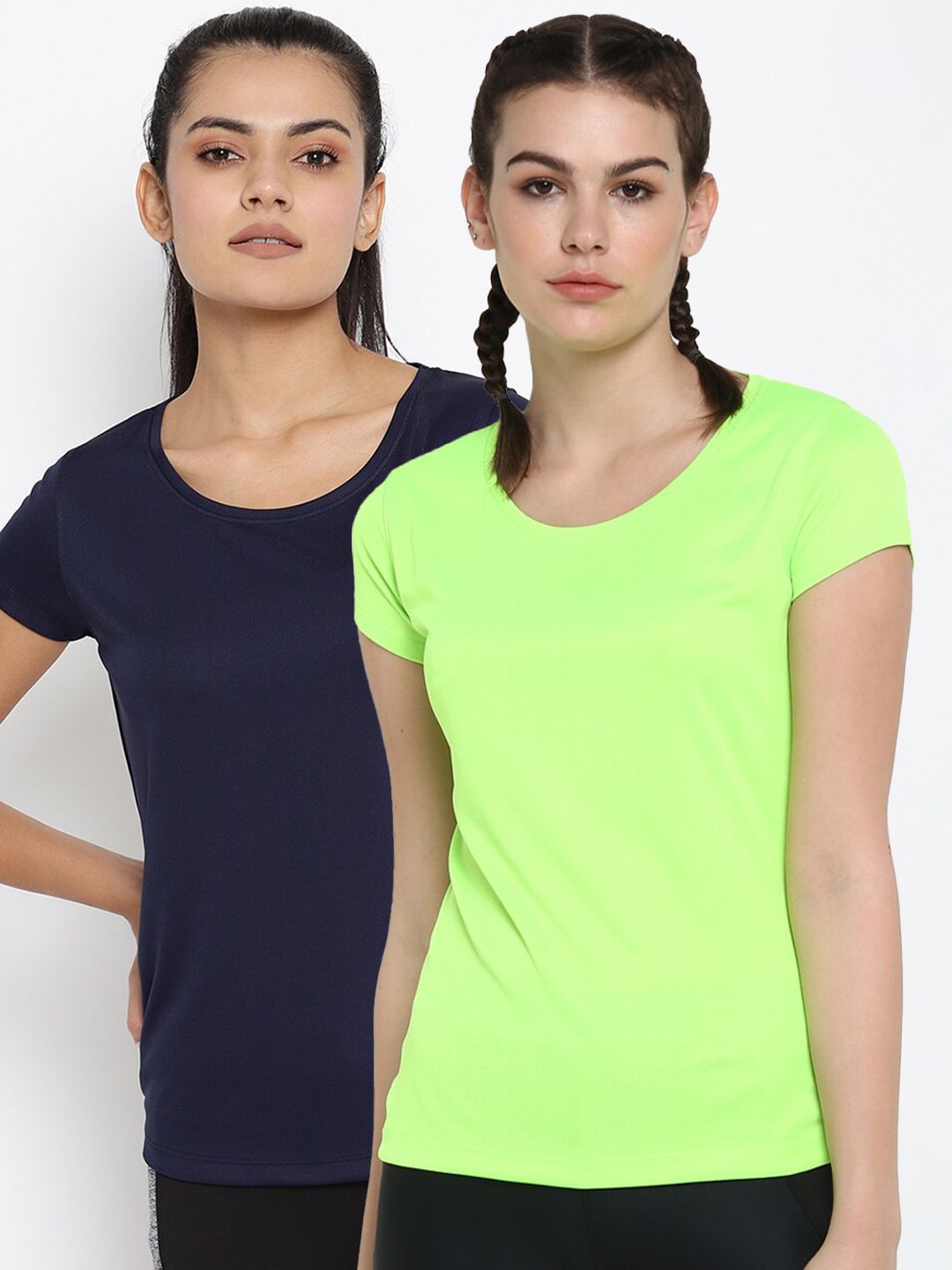 ScoldMe Women Pack of 2 Navy Blue & Fluorescent Green Slim Fit T-shirt Price in India