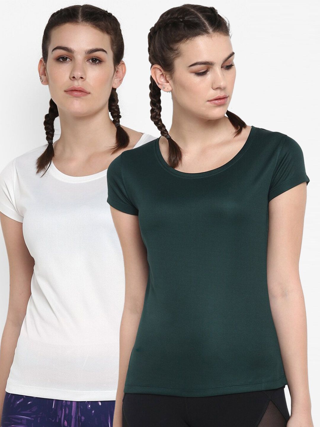 ScoldMe Women Pack Of 2 Off White & Green Slim Fit Sports T-shirt Price in India