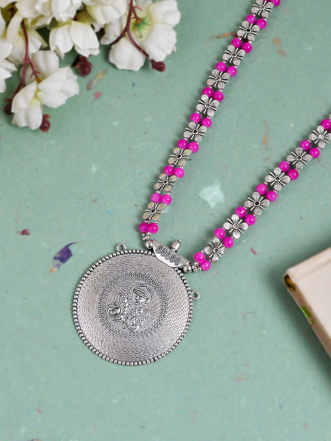 Silvermerc Designs Silver-Toned & Pink Brass Silver-Plated Bohemian Necklace Price in India