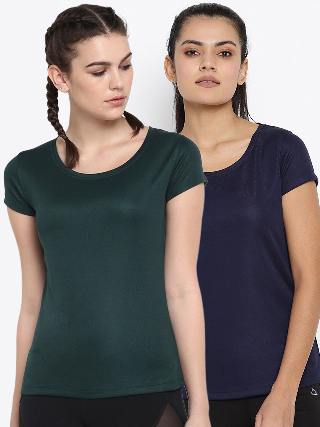 ScoldMe Pack Of 2 Women Navy Blue & Green Slim Fit Sports T-shirt Price in India