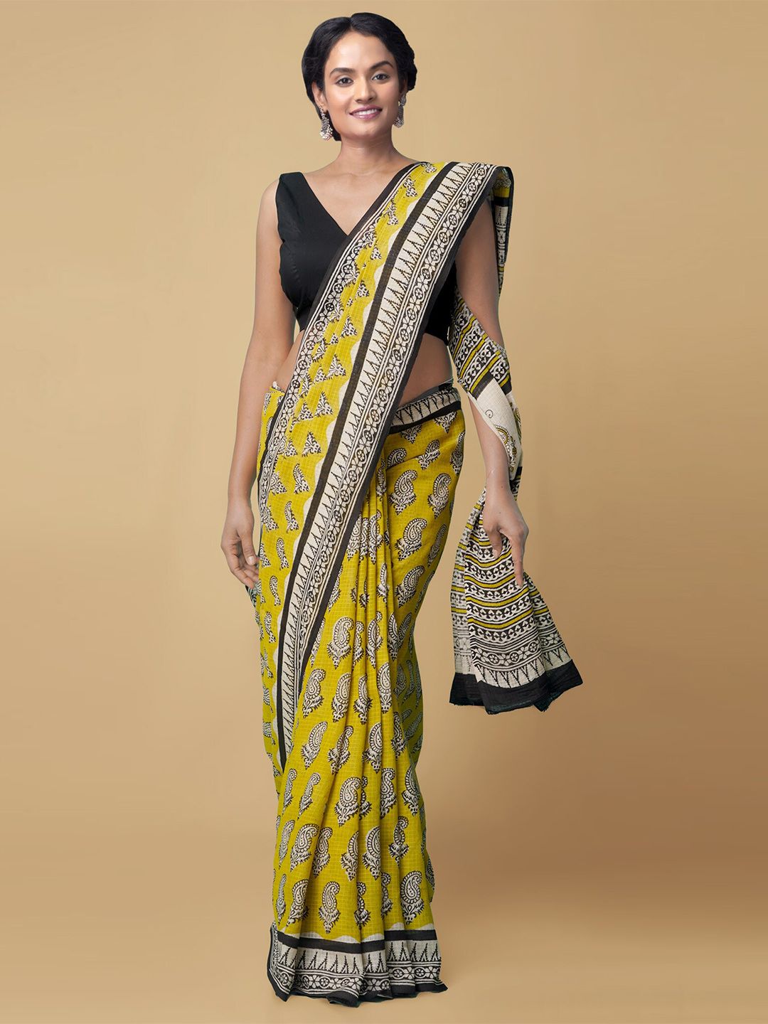 Unnati Silks Yellow & White Paisley Pure Cotton Bagru Saree